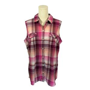 North Crest Outdoor Pink, Peach, & White Plaid Sleeveless Button Down Shirt (XL)